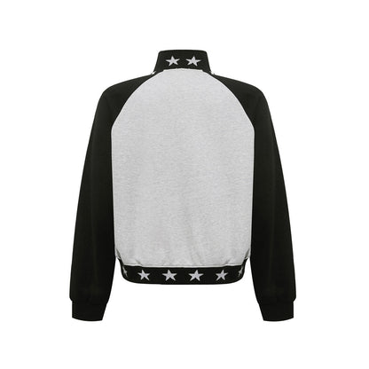 Splicing contrasting raglan sleeves stand up collar cardigan sweatshirt