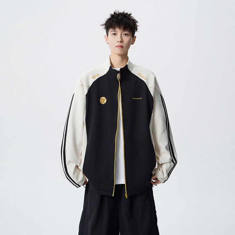 Retro Long Sleeve Hoodie for Men and Women, Spring Couple Loose Stand-Up Collar Open Front Cardigan, College Style Versatile Casual Top