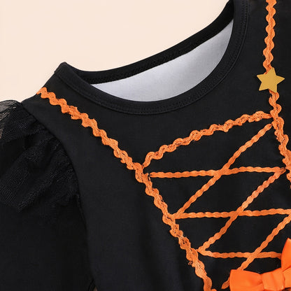 Halloween Girls' Tulle Princess Dress with Bat and Pumpkin Print, Long Sleeve, Children's Performance Tutu Dress