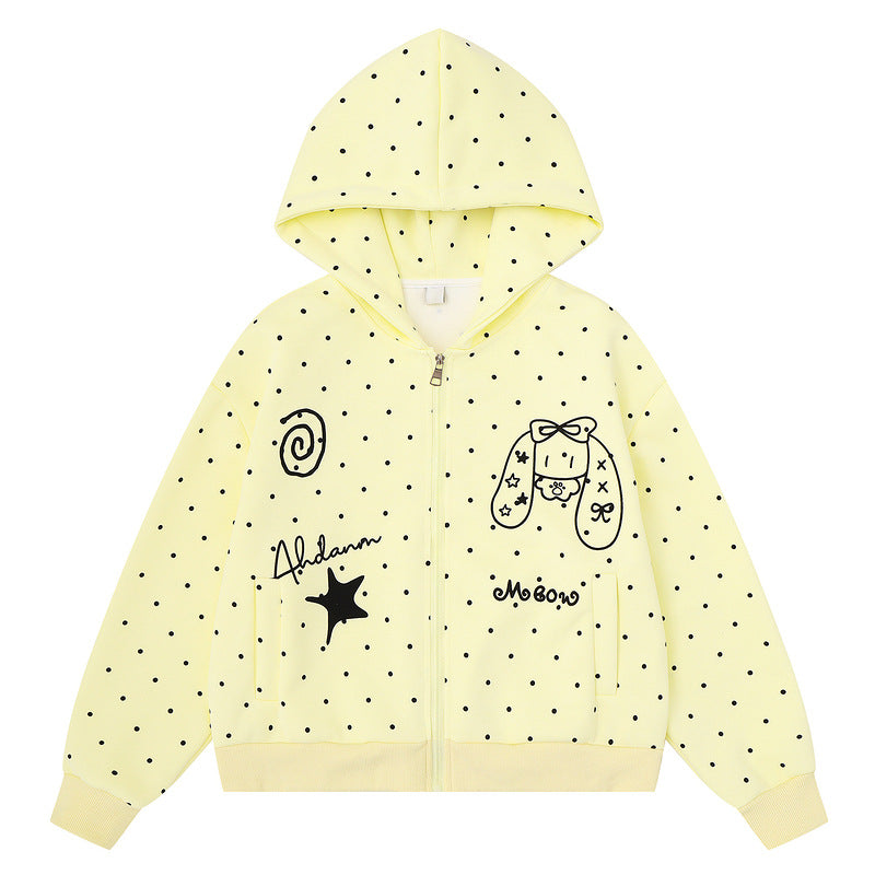 Cute rabbit hooded sweatshirt jacket with polka dots