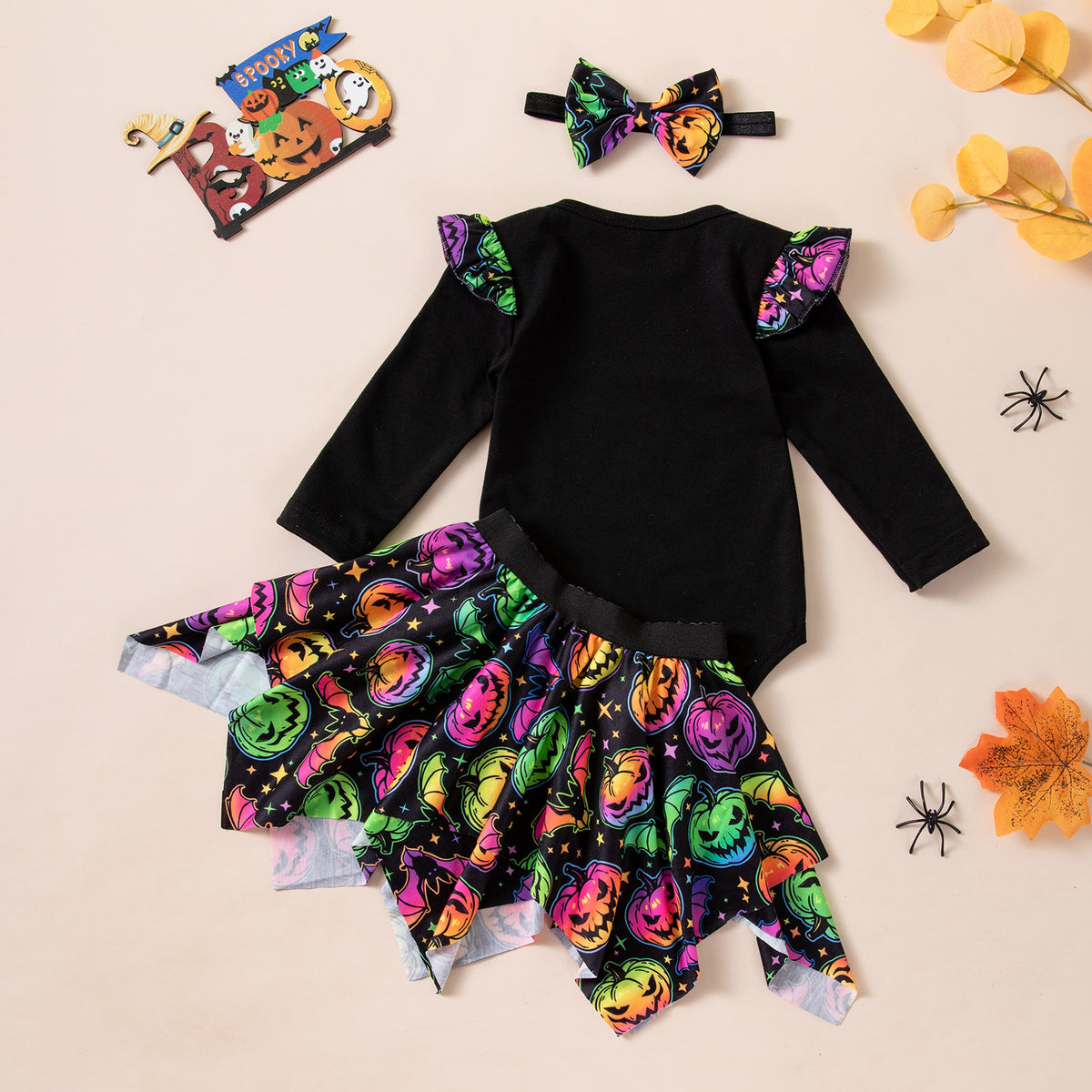 Halloween Baby Girl Outfit Set Colorful Pumpkin Print Long Sleeve Romper Skirt 3-Piece Set