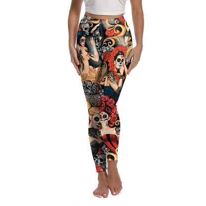 Halloween Women's Leggings Day of the Dead Skull Digital Print Yoga Tights Women's Fitness Stretch Pants