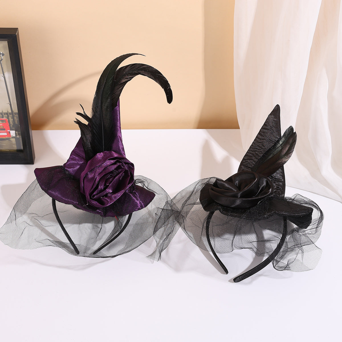 Halloween Party Accessories Witch Hat Headband Vintage Premium Headband Tulle Feather Style