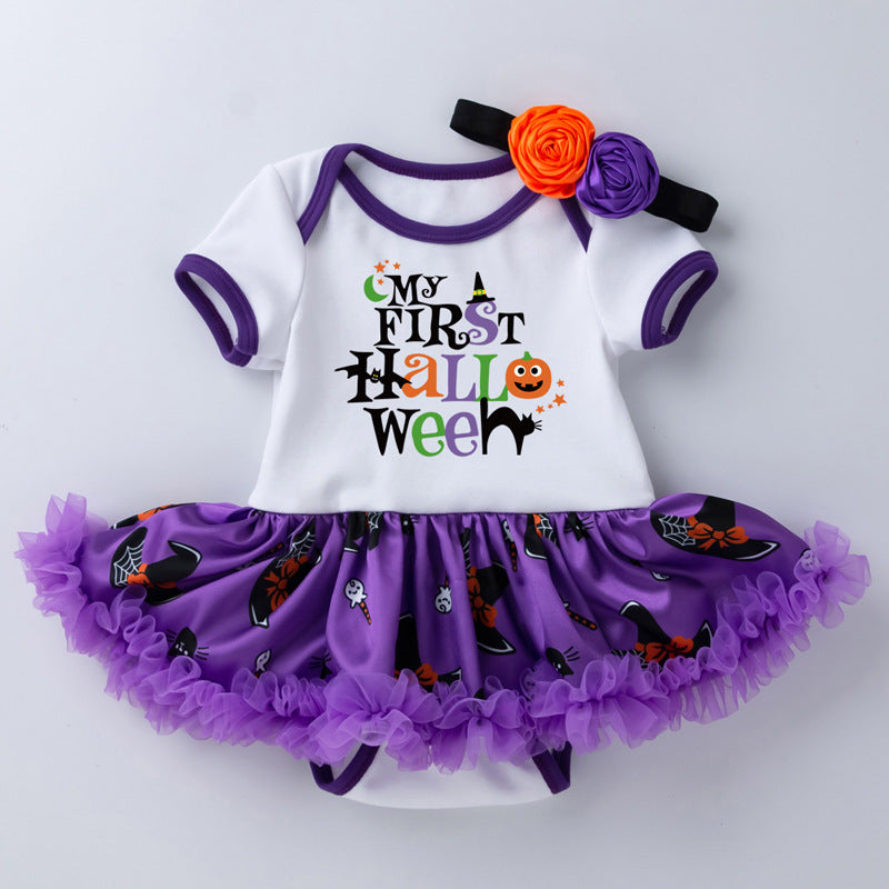 Halloween Baby Party Outfit Printed Pumpkin Short Sleeve Romper Dress with Hair Accessories 2-Piece Set Infant Onesie Dress