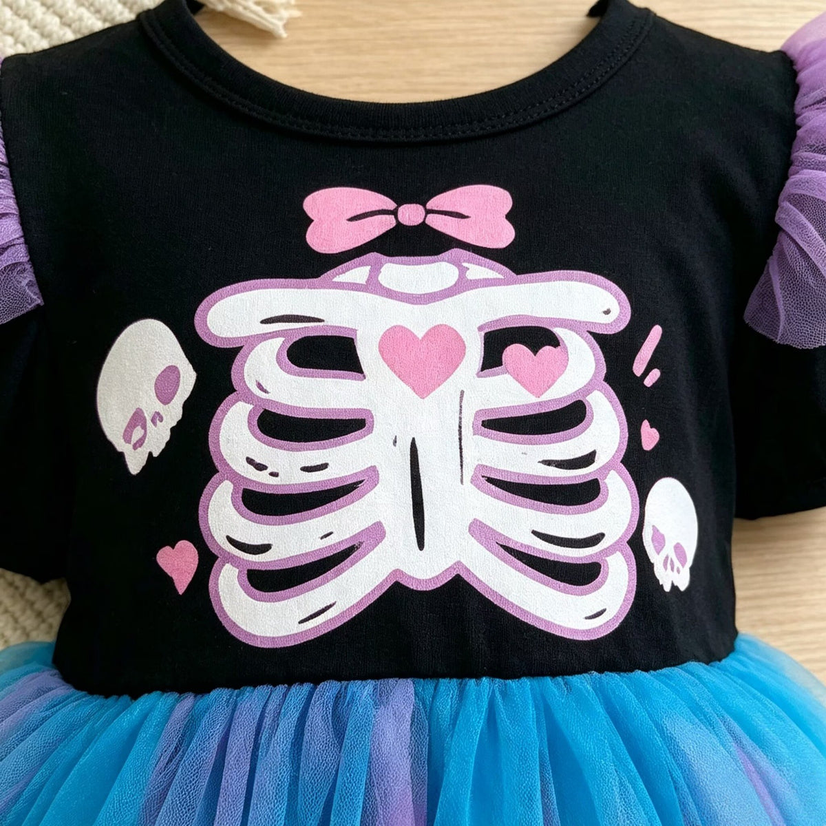 Children's Halloween Skeleton Print Long Sleeve Mesh Dress Wholesale Kids Clothing