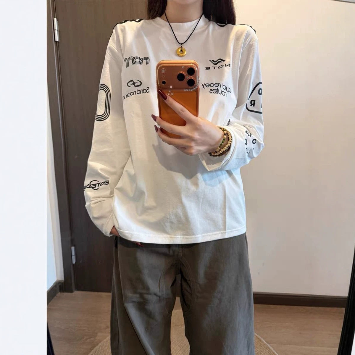 Vintage Stripe Sport Racing Letter Long Sleeve T-Shirt for Women
