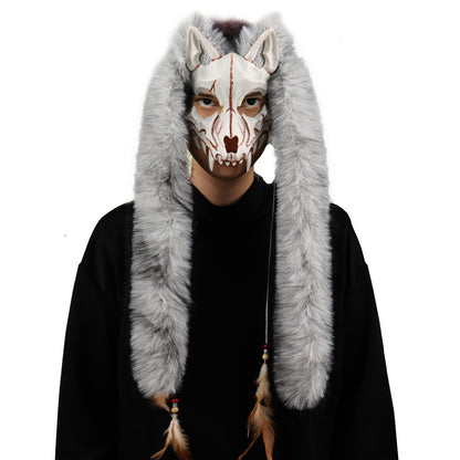 Halloween Carnival Fashion Animal Mask Viking Fox Mask with Faux Fur Headwear COS Werewolf