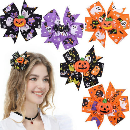 Halloween Accessories Pumpkin Lantern Black Bat Ghost Print Bow One Size Adult Hair Clip