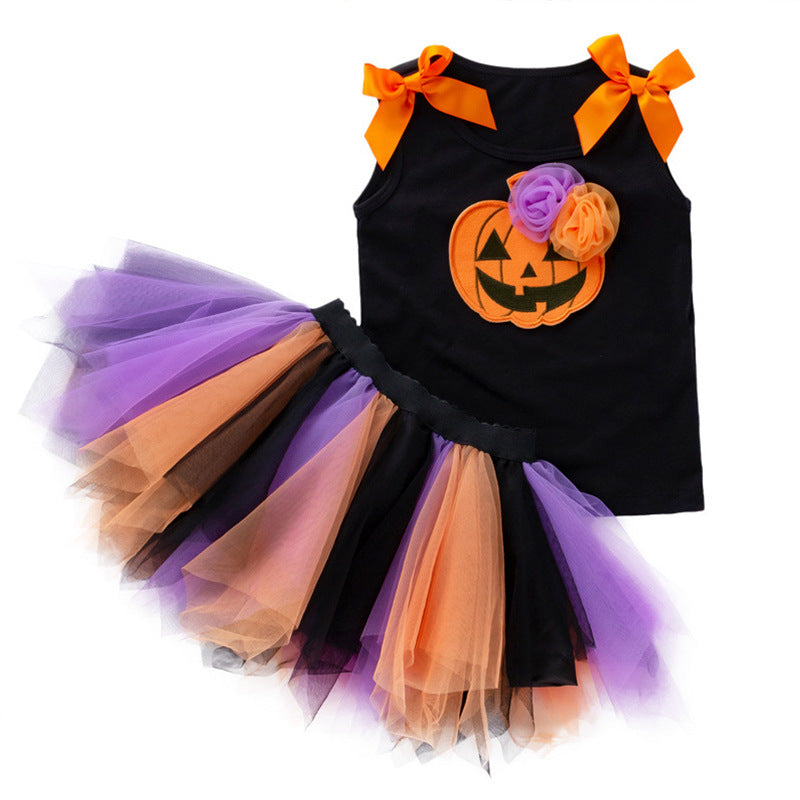 Halloween Kids Outfit 2-7 Years Girls Pumpkin Skull Vest T-Shirt &amp; Cape Skirt Set