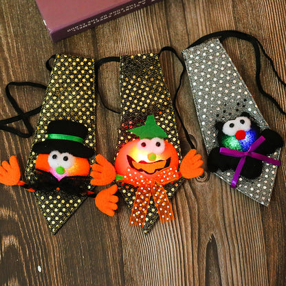 Halloween Glitter Necktie with Glow-in-the-Dark Elements, Party Accessory for Kids' Dance Performances and Costumes, Trendy Nightlight Toy