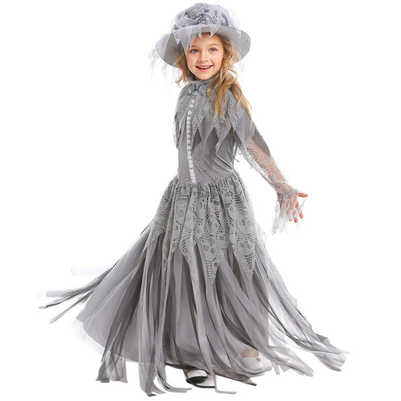 Halloween Ghost Princess Cosplay Skeleton Bride Costume Victorian Era Children's Ball Gown Dress