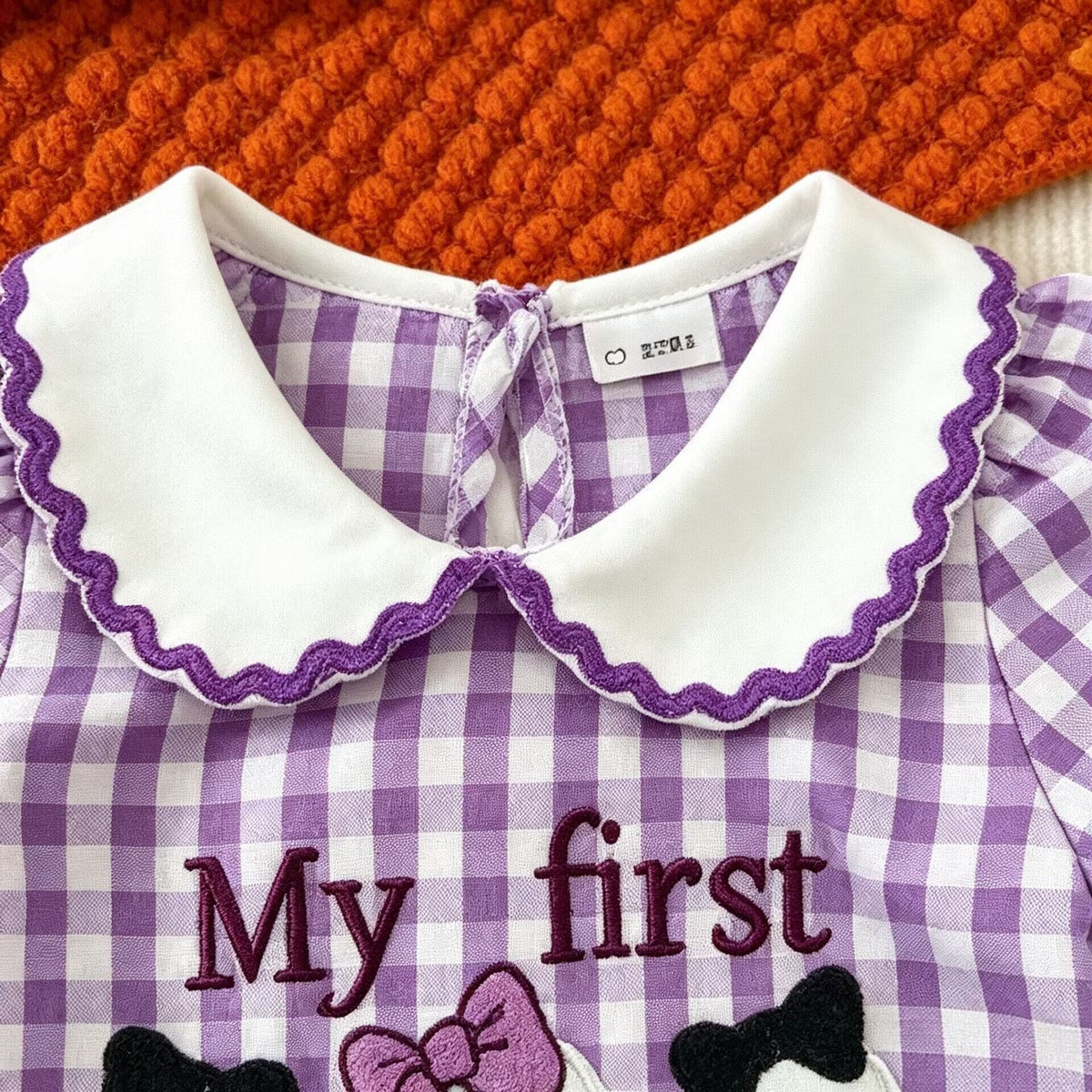 Infant Romper Purple Plaid Peter Pan Collar Ghost Embroidery Baby Halloween Triangular Crawler Onesie
