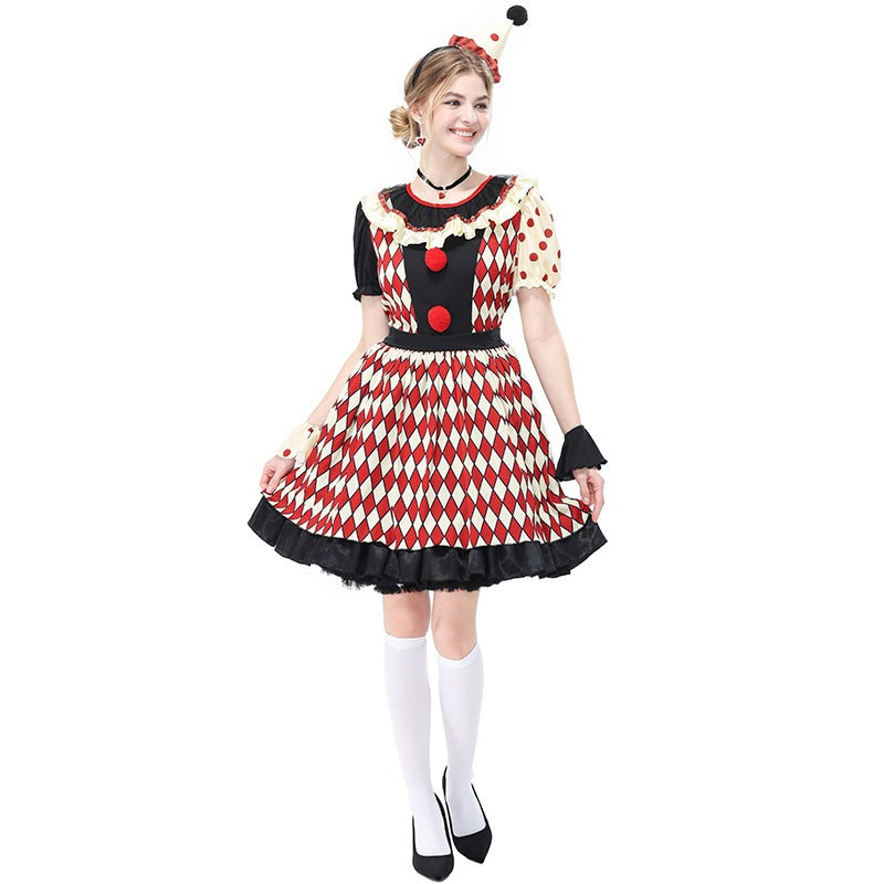 Vintage Checkered Clown Couple Outfits Adult Men and Women Circus Clown Dress Overalls Halloween Costumes