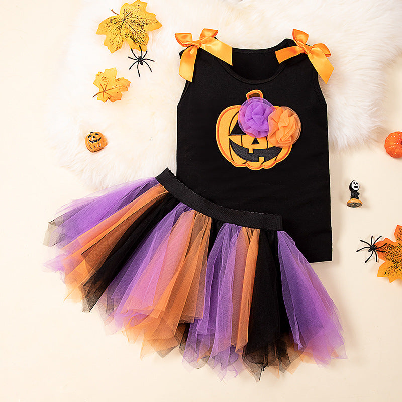Halloween Kids Outfit 2-7 Years Girls Pumpkin Skull Vest T-Shirt &amp; Cape Skirt Set