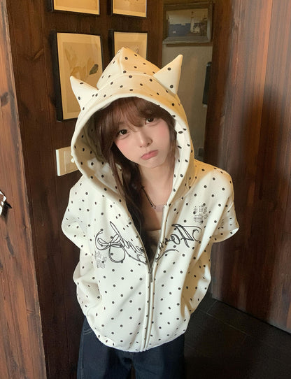 Cute Embroidered Ears Retro Polka Dot Hooded Cardigan Sweatshirt for Women