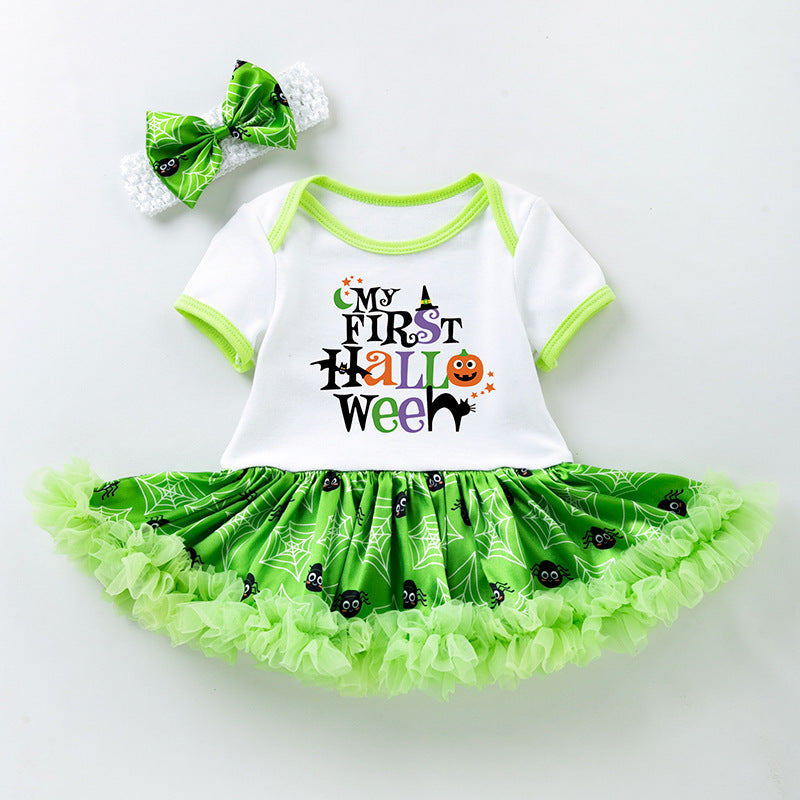 Halloween Baby Party Outfit Printed Pumpkin Short Sleeve Romper Dress with Hair Accessories 2-Piece Set Infant Onesie Dress