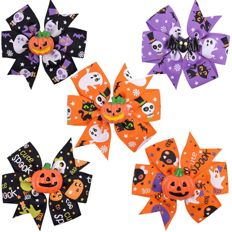 Halloween Accessories Pumpkin Lantern Black Bat Ghost Print Bow One Size Adult Hair Clip