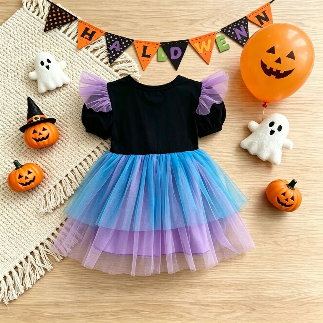 Children's Halloween Skeleton Print Long Sleeve Mesh Dress Wholesale Kids Clothing