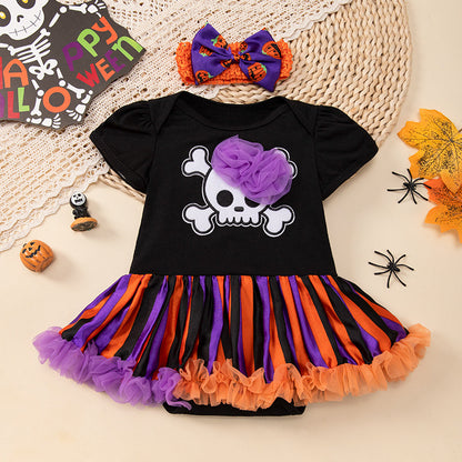 Halloween Baby Outfit Cartoon Pumpkin Tulle Romper Dress 2-Piece Set Baby Party Costume