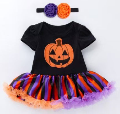 Halloween Baby Outfit Cartoon Pumpkin Tulle Romper Dress 2-Piece Set Baby Party Costume