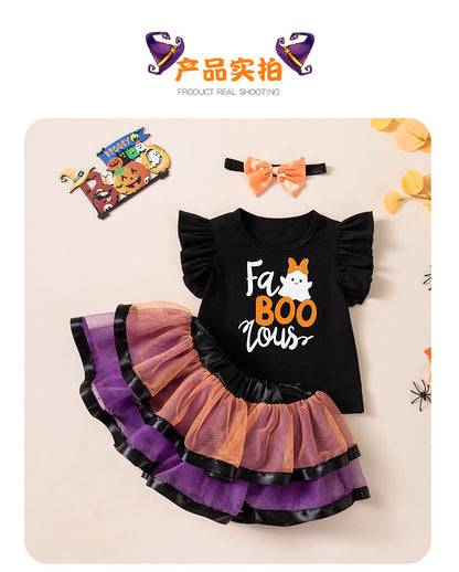 Halloween Kids Costume Set with Flutter Sleeve T-Shirt, Skirt, Ghost Print Festival Party Outfit