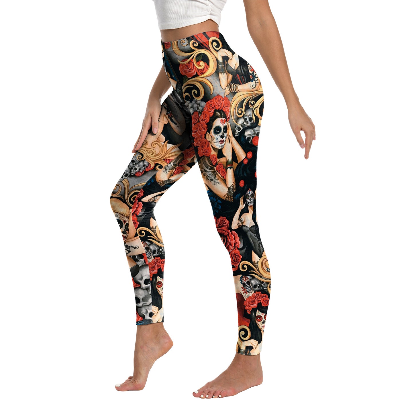 Halloween Women's Leggings Day of the Dead Skull Digital Print Yoga Tights Women's Fitness Stretch Pants