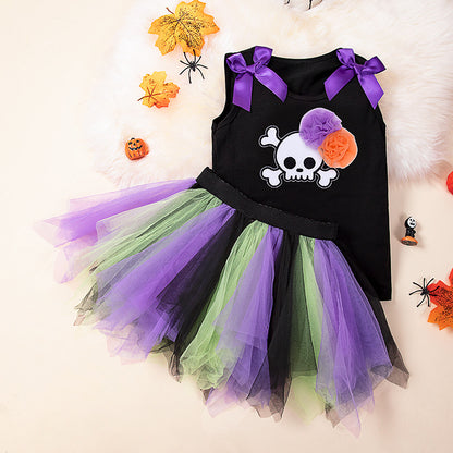 Halloween Kids Outfit 2-7 Years Girls Pumpkin Skull Vest T-Shirt &amp; Cape Skirt Set