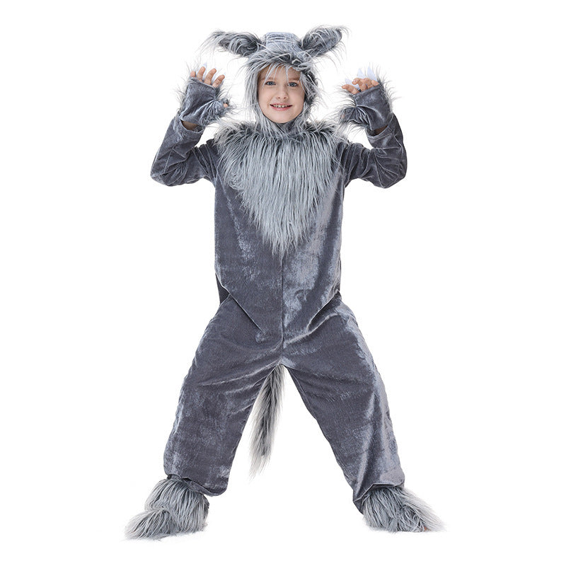Neutral Children's Gray Wolf Costume Animal Outfit Halloween Fairy Tale Stage Performance Clothing