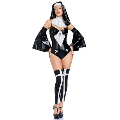 Dark Sexy Nun Cosplay Costume Adult Halloween Party Cross Nun Jumpsuit
