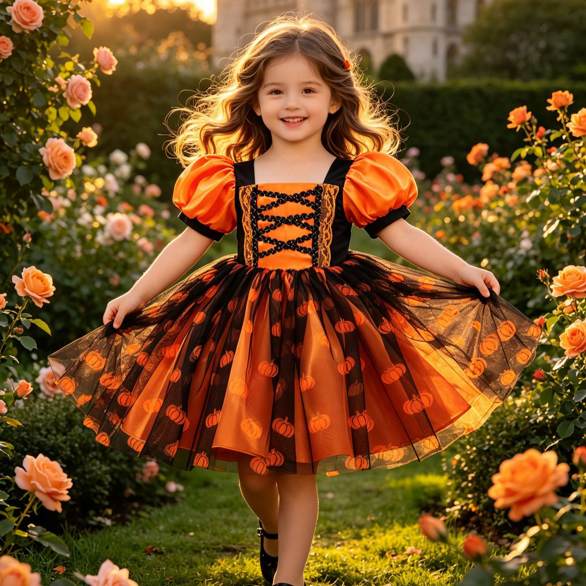 Halloween Cosplay Dress with Pumpkin Print, Lace Tie-Up Princess Dress for Festival Performances