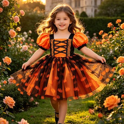 Halloween Cosplay Dress with Pumpkin Print, Lace Tie-Up Princess Dress for Festival Performances