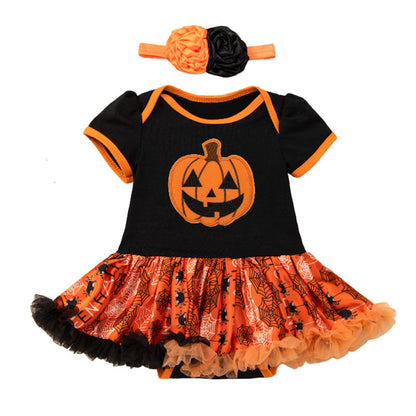 Halloween Baby Outfit Cartoon Pumpkin Tulle Romper Dress 2-Piece Set Baby Party Costume