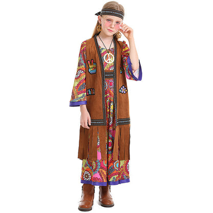 Retro Hippie Girls' Outfit with Fringe Vest and Long Dress, Halloween Retro Disco Theme Party Costume