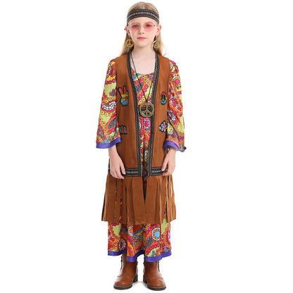 Retro Hippie Girls' Outfit with Fringe Vest and Long Dress, Halloween Retro Disco Theme Party Costume