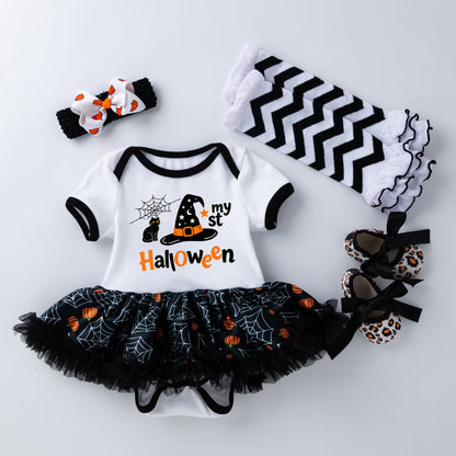 Halloween Baby Girl Costume with Embroidered Witch Hat, Short Sleeve Princess Dress and Socks Set