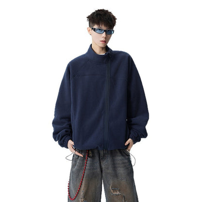 Outdoor Casual Stand Collar Sweatshirt for Men, Loose Fit, Fashionable, Comfortable, Warm, Trendy Solid Color Men's Jacket