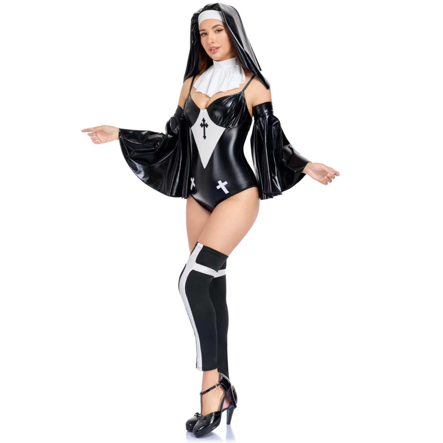 Dark Sexy Nun Cosplay Costume Adult Halloween Party Cross Nun Jumpsuit