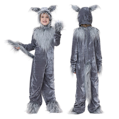 Neutral Children's Gray Wolf Costume Animal Outfit Halloween Fairy Tale Stage Performance Clothing