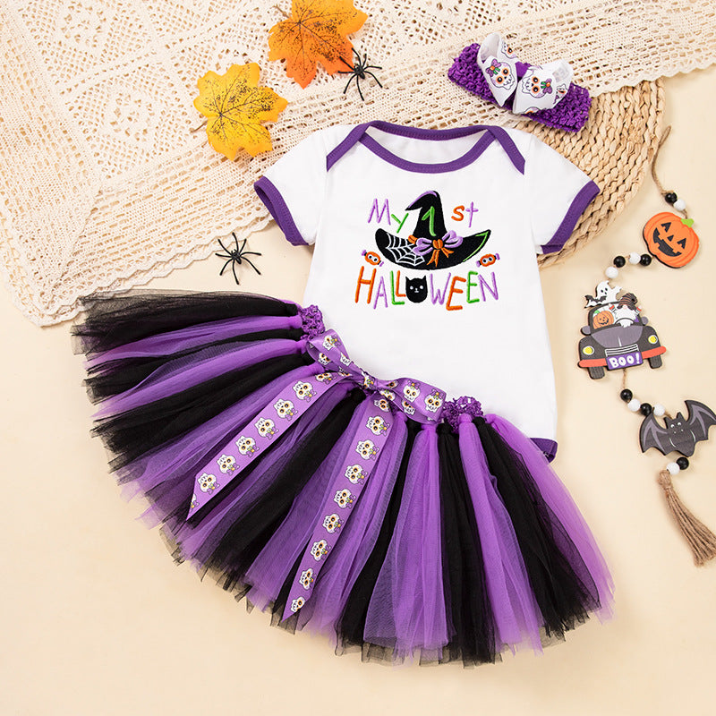 Baby Halloween Costume Cotton Short Sleeve Embroidered Witch Hat Pumpkin Romper Bowknot Handmade Set