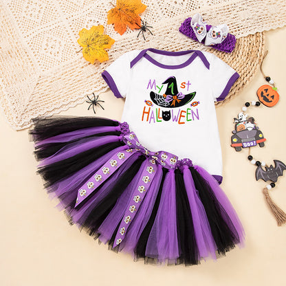 Baby Halloween Costume Cotton Short Sleeve Embroidered Witch Hat Pumpkin Romper Bowknot Handmade Set